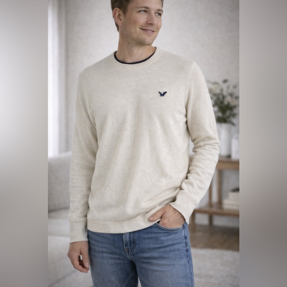 American Eagle Mens Long‎ Sleeve Thermal Knit Crew Neck Shirt LG Beige Y2K
